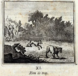 Niets te veel. Fabels van Jean de La Fontaine (1621-95). Illustratie door François Chauveau (1613-1676). Editie van 1728.