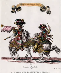 Perzische trommelaar en trompettist tijdens de carrousel gegeven door koning Lodewijk XIV (1639-1715). Gravure door Francois Chauveau (1613-1676) circa 1662. Privécollectie