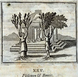 Philemon en Baucis. Fabels van Jean de La Fontaine. Illustratie door François Chauveau. Editie van 1728.