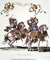 Romeinse trommelaars tijdens het carrousel gegeven door koning Lodewijk XIV (1638-1715) in 1662 Gravure door Francois Chauveau (1613-1676) 17e eeuw Privécollectie