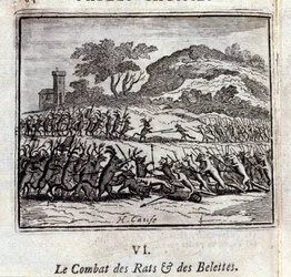 De strijd van ratten en wezels. Fabels door Jean de La Fontaine (1621-95). Illustratie door François Chauveau (1613-1676). Editie van 1728.