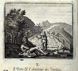 De beer en de tuinliefhebber. Fabels door Jean de La Fontaine (1621-95). Illustratie door François Chauveau (1613-1676). Editie van 1728.