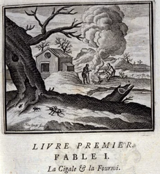 De krekel en de mier. Fabels van Jean de La Fontaine. Illustratie door François Chauveau. Editie van 1728.