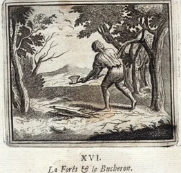 Het Bos en de Houthakker. Fabels van Jean de La Fontaine. Illustratie door François Chauveau. Editie van 1728.