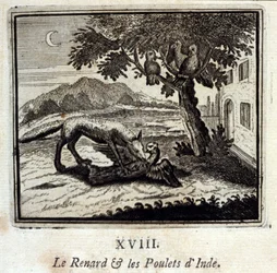 De vos en de kippen van India. Fabels van Jean de La Fontaine. Illustratie door François Chauveau. Editie van 1728.
