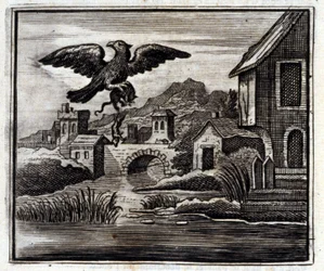 De Kikker en de Rat. Fabels van Jean de La Fontaine. Illustratie door François Chauveau. Editie van 1728.