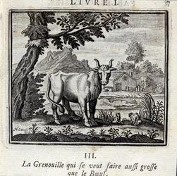 De kikker die zo groot wilde worden als de os. Fabels door Jean de La Fontaine (1621-95). Illustratie door François Chauveau (1613-1676). Editie van 1728.