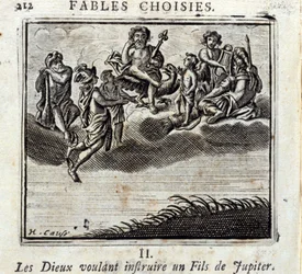 De goden die een zoon van Jupiter willen onderwijzen. Fabels door Jean de La Fontaine (1621-95). Illustratie door François Chauveau (1613-1676). Editie van 1728.