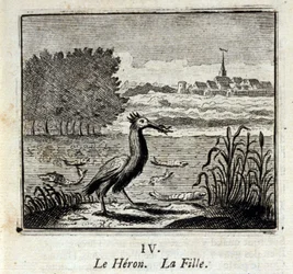 De reiger. Fabels door Jean de La Fontaine (1621-95). Illustratie door François Chauveau (1613-1676). Editie van 1728.