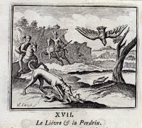 De haas en de patrijs. Fabels van Jean de La Fontaine (1621-95). Illustratie door François Chauveau (1613-1676). Editie van 1728.