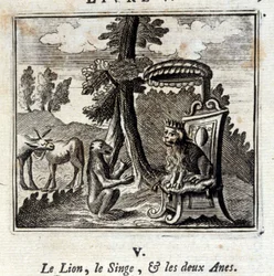 De leeuw, de aap en de twee ezels. Fabels van Jean de La Fontaine (1621-95). Illustratie door François Chauveau (1613-1676). Editie van 1728.