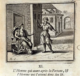 De man die achter het fortuin aanrent en de man die op hem wacht in bed. Fabels door Jean de La Fontaine (1621-95). Illustratie door François Chauveau (1613-1676). Editie van 1728.