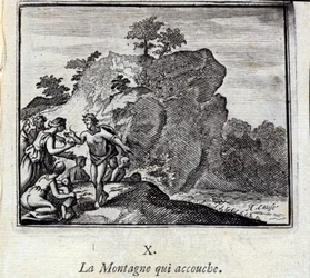 De Berg die baart. Fabels van Jean de La Fontaine. Illustratie door François Chauveau. Editie van 1728.