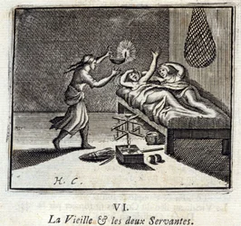 De oude dame en de twee bedienden. Fabels van Jean de La Fontaine. Illustratie door François Chauveau. Editie van 1728.