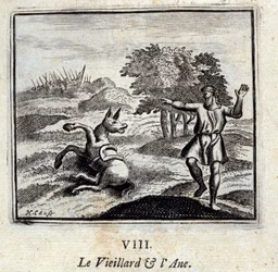 De oude man en de ezel. Fabels door Jean de La Fontaine (1621-95). Illustratie door François Chauveau (1613-1676). Editie van 1728.
