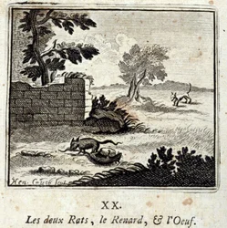 De twee ratten, de vos en het ei. Fabels door Jean de La Fontaine (1621-95). Illustratie door François Chauveau (1613-1676). Editie van 1728.