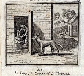 De Wolf, de Geit en de Geit. Fabels van Jean de La Fontaine. Illustratie door François Chauveau. Editie van 1728.