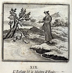 Het kind en de schoolmeester. Fabels van Jean de La Fontaine (1621-95). Illustratie door François Chauveau (1613-1676). Editie van 1728.