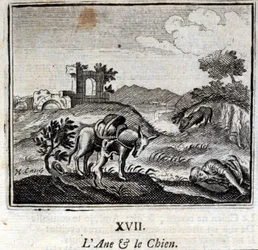 De ezel en de hond. Fabels van Jean de La Fontaine. Illustratie door François Chauveau. Editie van 1728.