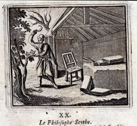 De filosoof Scythe. Fabels van Jean de La Fontaine. Illustratie door François Chauveau. Editie van 1728.