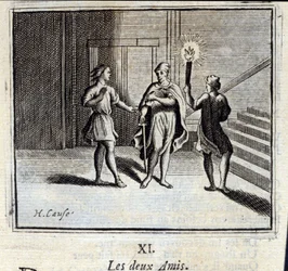 De twee vrienden. Fabels door Jean de La Fontaine (1621-95). Illustratie door François Chauveau (1613-1676). Editie van 1728.