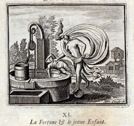 Fortuna en het jonge kind. Fabels door Jean de La Fontaine (1621-95). Illustratie door François Chauveau (1613-1676). Editie van 1728.