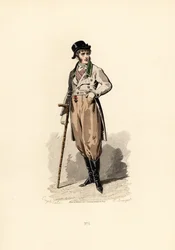Man in loszittende jas, vest, broek en laarzen