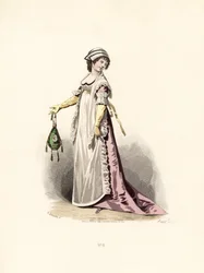 Vrouw in violette jurk, schort en sjaal