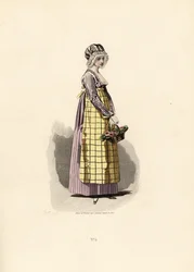 Vrouw in violette jurk met strogekleurd schort