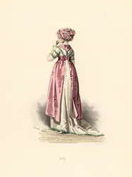 Vrouw in witte jurk en corsage met groene rand, roze schort