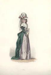 Vrouw in hoed en redingote, tijdperk van Marie Antoinette