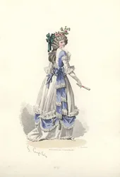 Vrouw in jurk met linten, tijdperk van Marie Antoinette