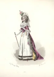 Vrouw in bontafgewerkte outfit, tijdperk van Marie Antoinette