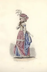 Vrouw in driekleurige outfit, tijdperk van Marie Antoinette