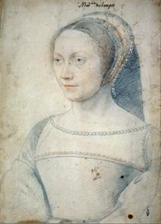 Portret van Anne de Pisseleu, vrouw van Jean de Brush, Hertogin van Etampes (1508 - 1576). Tekening met zwarte steen en rood krijt door Francois Clouet (1515-1572)