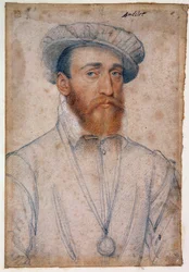 Portret van Francois de Coligny, heer van Andelot (1521 - 1569). Tekening met rood krijt en zwarte steen door Clouet Francois (1515-1572)