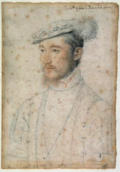 Portret van François de Lorraine, Hertog van Guise (1520 - 1563). Tekening met rood krijt en zwarte steen door Clouet Francois (1515-1572)