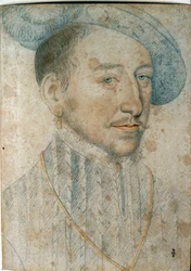 Portret van Hendrik II (1519 - 1559), Koning van Frankrijk. Tekening met zwarte steen en rood krijt door Francois Clouet (1515-1572)