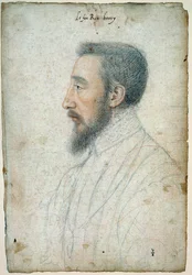 Portret van Hendrik II, Koning van Frankrijk (1519 - 1559), circa 1547. Tekening met rood krijt en zwarte steen door Clouet Francois (1515-1572)