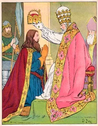 Karel de Grote gekroond door paus Leo III in de Sint-Pietersbasiliek in Rome op 25 december 800