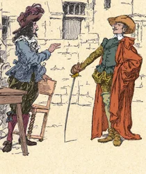 Ontmoeting van Cyrano, jong, aankomend in Parijs, met D