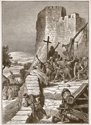 Processie van de Kruisvaarders rond de muren van Jeruzalem, illustratie uit 
