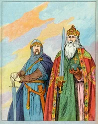 De Frankische koning Karel de Grote en de Franse ridder Roland de Roncevaux - Karel de Grote en Le Chevalier Roland (736-778) - Illustratie door François Zier (1856-1924) uit Nos-Gires-Nationales rond 1920