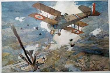 Eerste Wereldoorlog „Luchtgevecht“. Het vijandelijke vliegtuig stort brandend neer. Aquarel van François Flameng (1856-1923), 1918, privécollectie