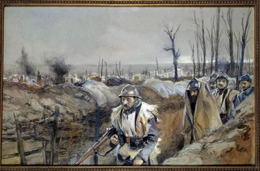Eerste Wereldoorlog: „Gezicht op Souchez (in Artois), een loopgraaf op 18/12/1915”. Aquarel van Francois Flameng (1856-1923), december 1915, zo., 0,3x0,48 m, Parijs, Musée de l