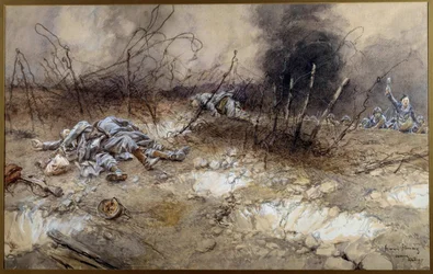 Eerste Wereldoorlog: tafereel van de Slag bij La Craonne op 5/04/1917. Lichamen van infanteristen liggen tussen het prikkeldraad. Aquarel van François Flameng (1856-1923). Zon. 0,3 x 0,56 m. Parijs, Musée de l