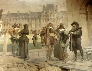 Pascal met Desargues presenteert aan Descartes zijn ervaringen over de zwaartekracht van de lucht: de jonge wiskundige Blaise Pascal (1623-1662) en Girard Desargues (1591-1661) bespreken zijn theorie over atmosferische druk met René Descartes (1596-1650)