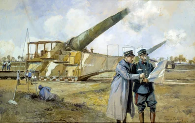 Eerste Wereldoorlog: 400 batterij in oktober 1916. Commandanten observeren een strijdplan. Schilderij door Francois Flameng (1856-1923)