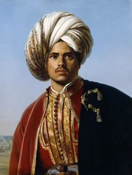 Portret van een Ottomaanse prins, halve lengte, in rood en goud