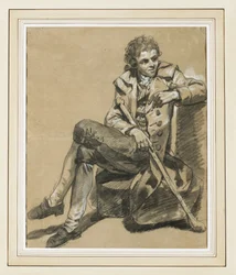 Zittende man met knuppel (houtskool en wit krijt op bruin papier)